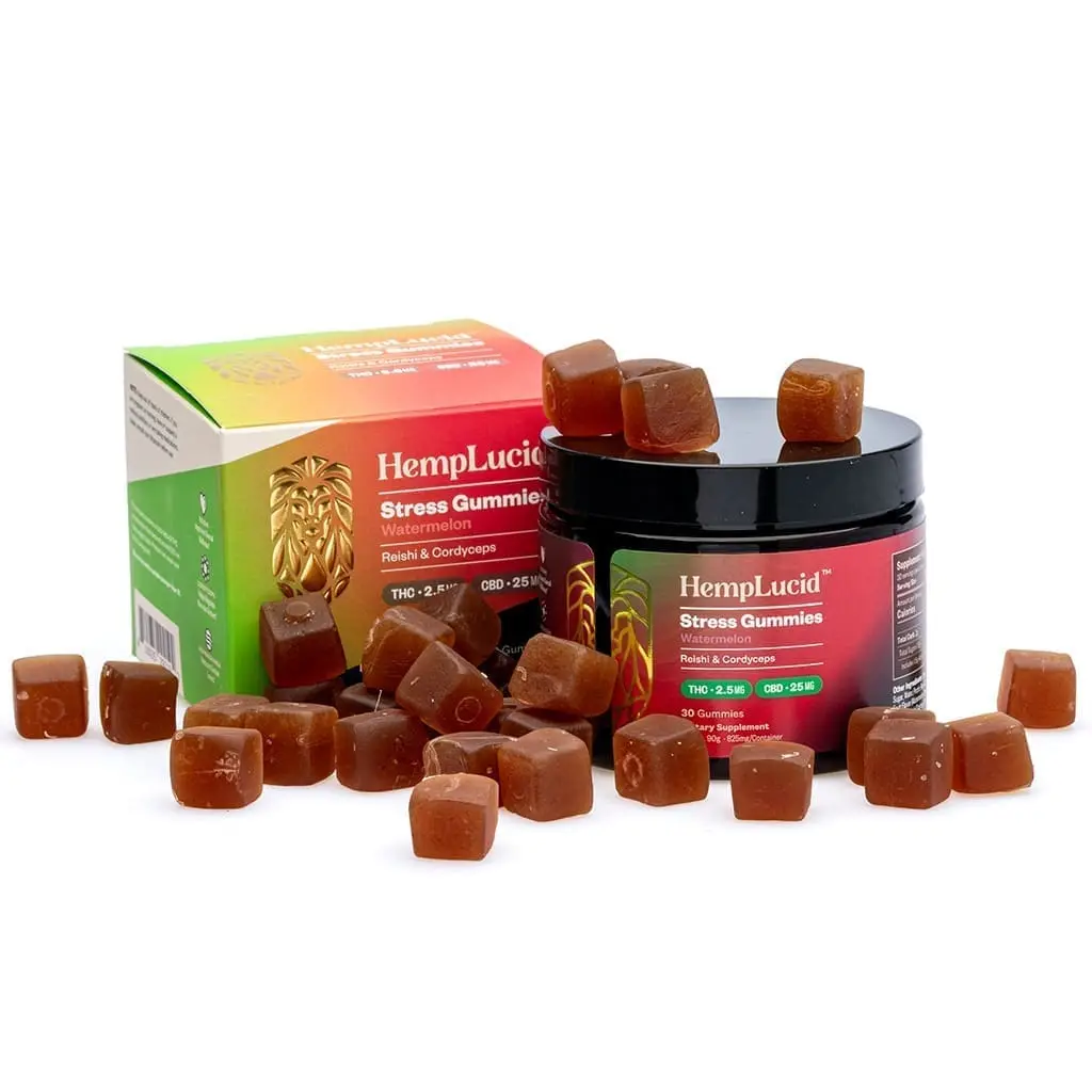 Hemplucid-Stress-Mushroom-Gummies-–-Watermelon-750-mg-Total-CBD-75-mg-Total-Delta-9-THC-combo.webp Hemplucid Stress Mushroom Gummies - Watermelon (750 mg Total CBD + 75 mg Total Delta 9 THC) - Image 1
