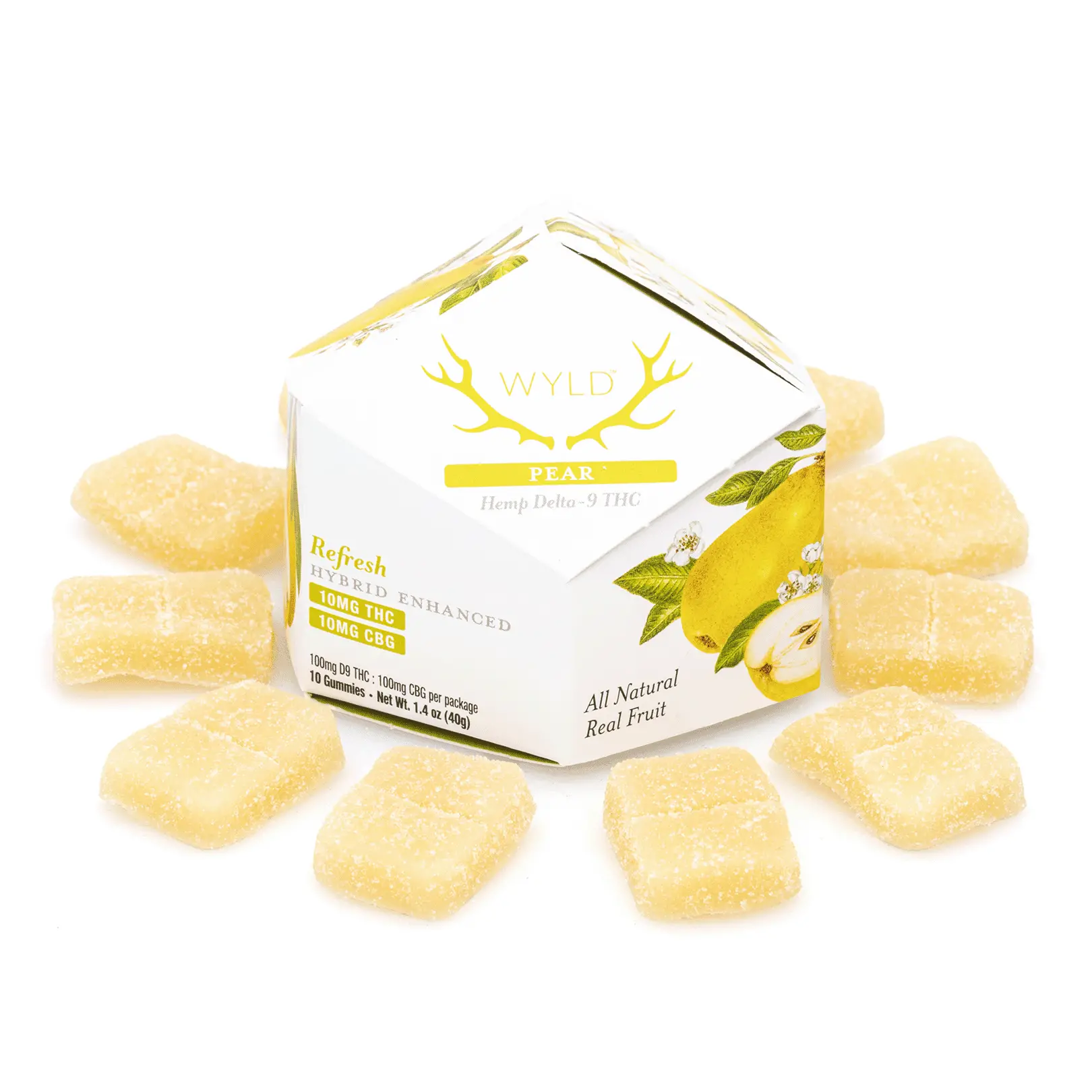 Wyld-Delta-9-CBG-Refresh-Gummies-Pear-10-Count-100-mg-Delta-9-THC-100-mg-CBG-Total-Combo.webp Wyld Delta 9 / CBG Refresh Gummies - Pear - 10 Count (100 mg Delta 9 THC + 100 mg CBG Total) - Image 1